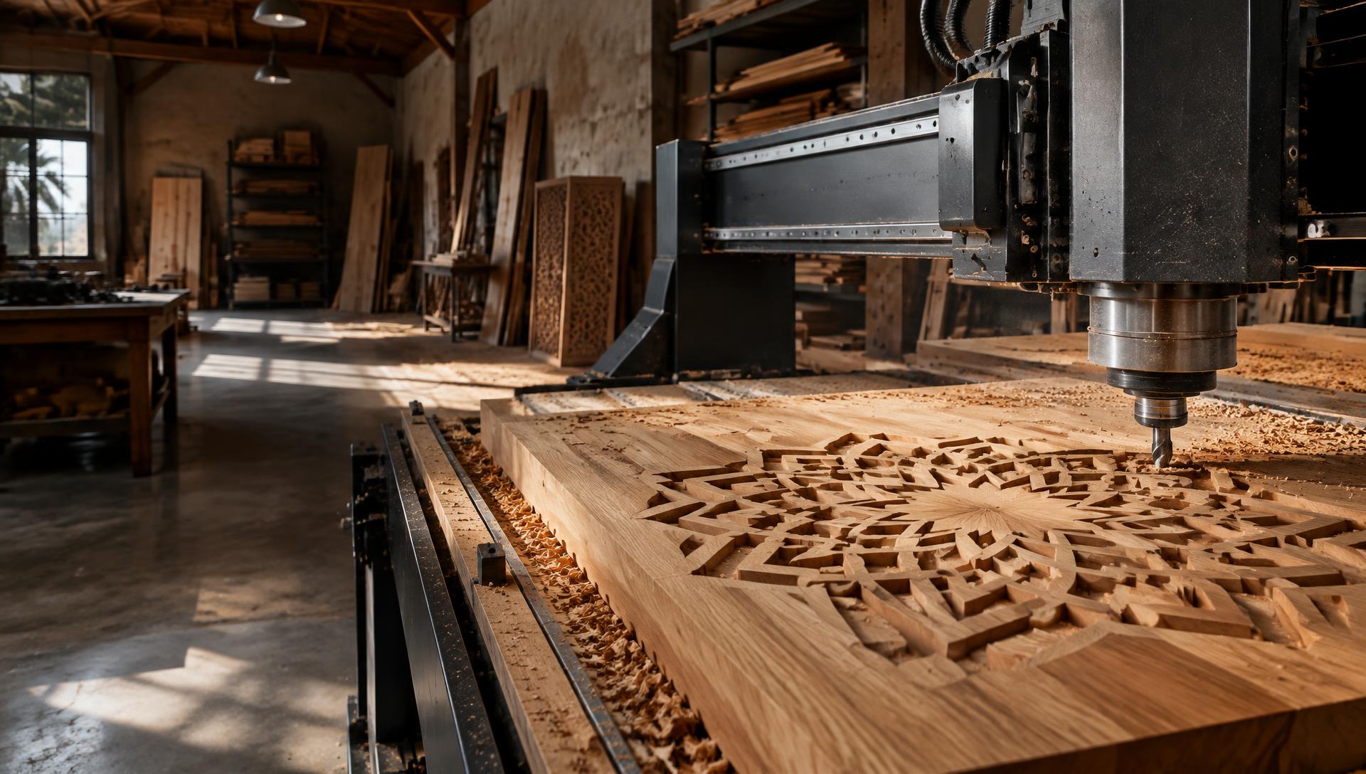 Machine CNC sculptant un motif géométrique dans un panneau en bois